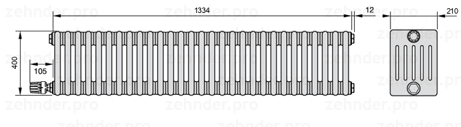 Схема (чертеж) Радиатор Zehnder Charleston 6040/29 №V004 Белый глянцевый RAL 9016